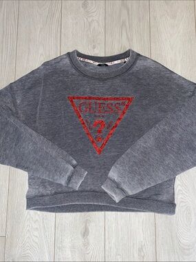 GUESS Gray Crewneck Sweatshirt with Red Glitter Logo